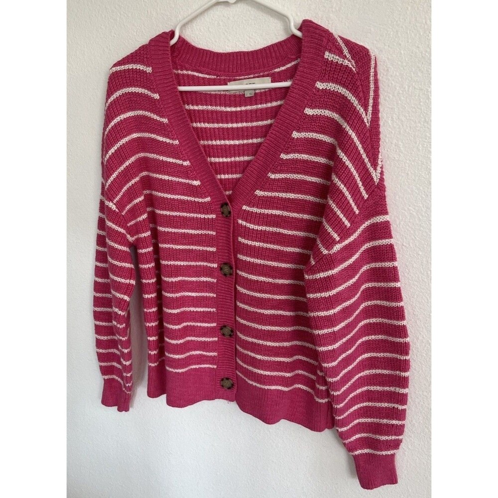 Loft Hot Pink White Striped Ribbed Knit Sweater Womens Large Slouchy Preppy